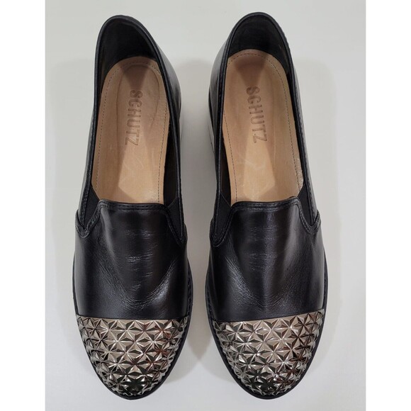 Schutz Platform Black Leather Slip On Studded Women Shoes EU-39 US-8.5 - Picture 7 of 10